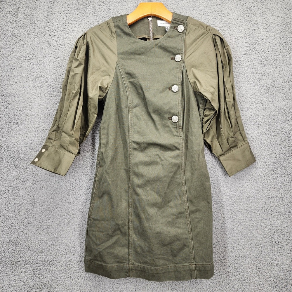 Something Navy Arielle Pearl Button Dress Olive Green‎ Mini Puff Sleeve Size 0